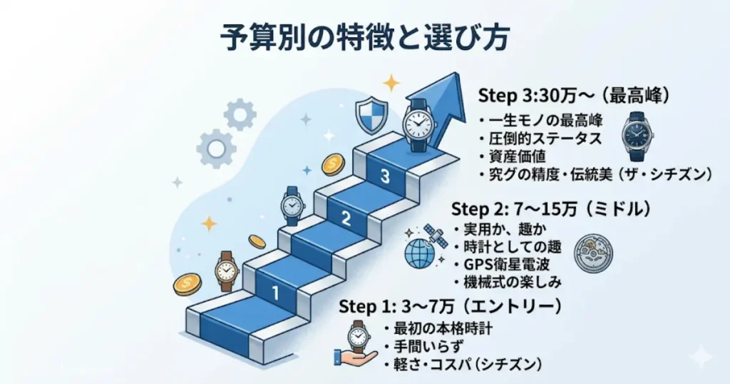 予算別にみた腕時計の機能やステータスの違いを示す図解