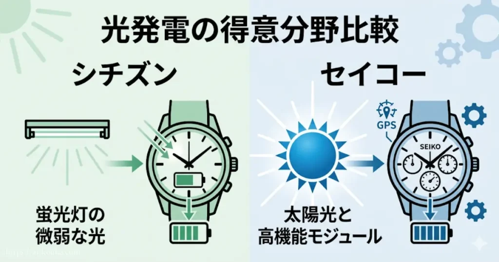 エコドライブとソーラーの光発電の仕組みを比較する図解