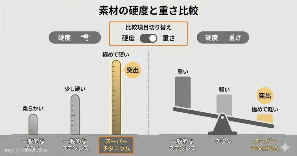 チタンとステンレスの軽さや表面硬度の違いを比較する図