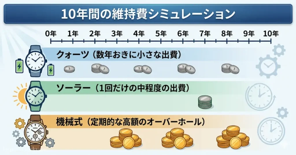 時計の種類別に購入後１０年間でかかる維持費を比較する図