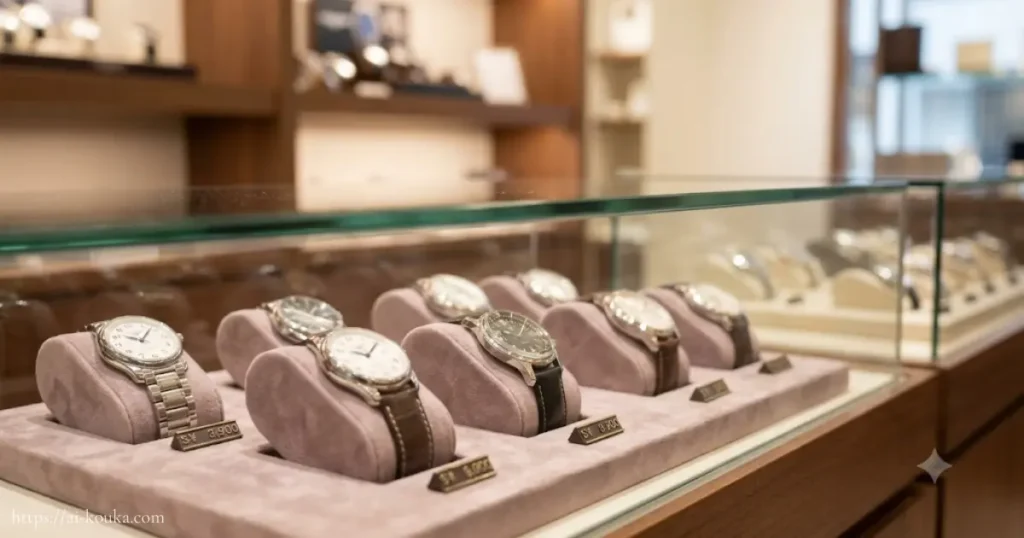 中古時計店に並ぶロンジンの画像