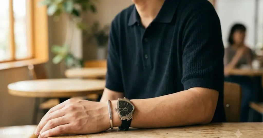 カフェでベンチュラを着用する男性の手元
