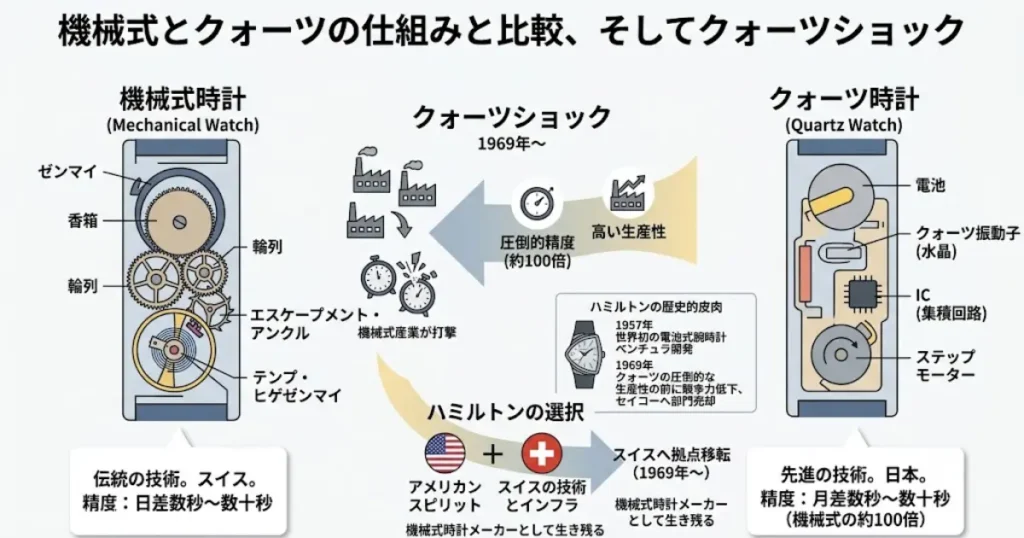 機械式とクォーツの仕組みと歴史の図解