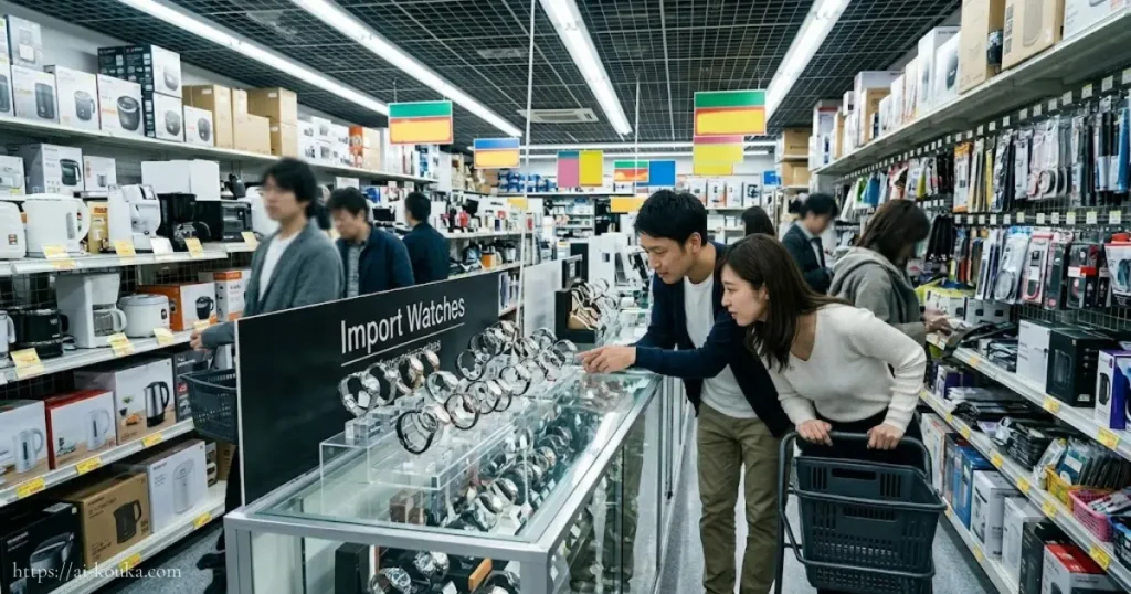 日本の量販店に並ぶ並行輸入の高級時計。