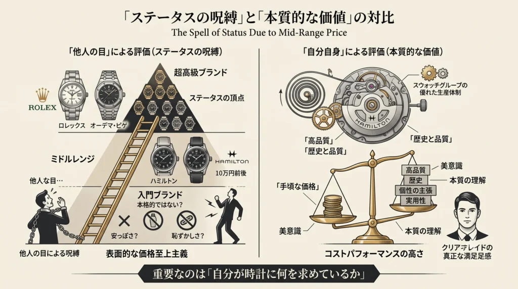 ステータスの呪縛と本質的価値の対比図解