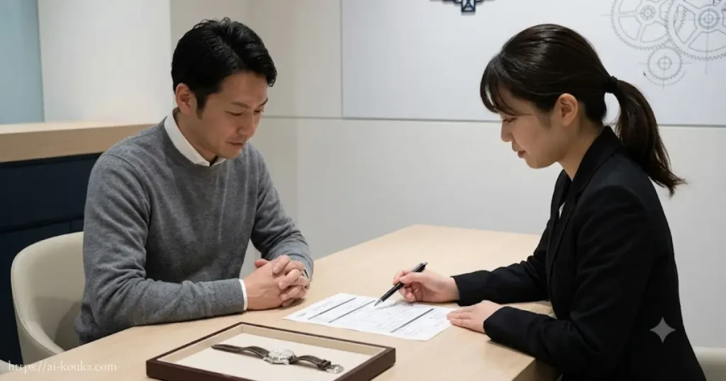 時計修理受付で説明を受ける日本人男性
